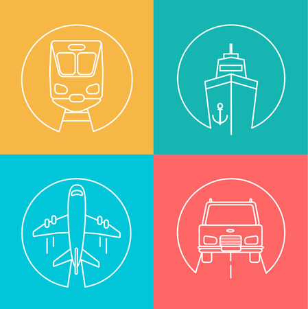 Freight business, express send and deliver autline logo, vector illustration. Flying airplane, Train,Ship and Car.のイラスト素材