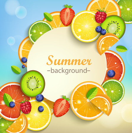 Summer background with tropical fruits and berries and round frame for the text.のイラスト素材
