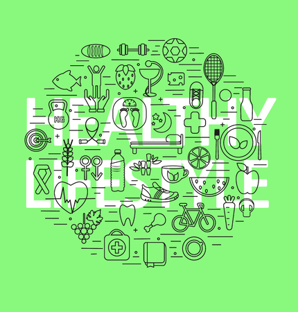 Healthy lifestyle concept in line design on green background.のイラスト素材