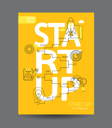 flat linear Infographic startup concept in flat style - signs and banner - new business. Outline concept.のイラスト素材