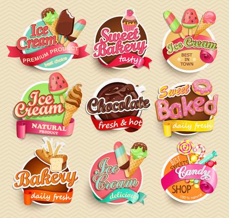 Food Label or Sticker - bakery, ice-cream, chocolate, sweet baked, candy,sweet bakery - Design Template.のイラスト素材