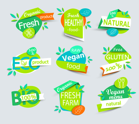 Modern set of healthy organic food labels, tags, emblems meal and drink,cafe, restaurants and organic products packagingのイラスト素材