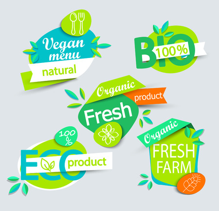 Modern set of healthy organic food labels, tags, emblems for meal and drink,cafe, restaurants and organic products packaging.のイラスト素材