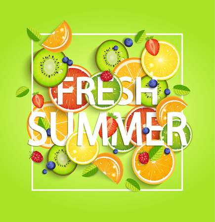 Summer background with tropical fruits and berries, square frame and the lettering fresh summer.のイラスト素材