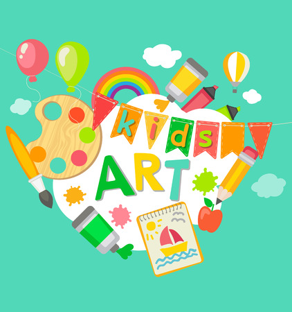 Themed Kids art poster in flat style illustration. Frame with artistic objects, illustration for children art school, summer art fest.のイラスト素材