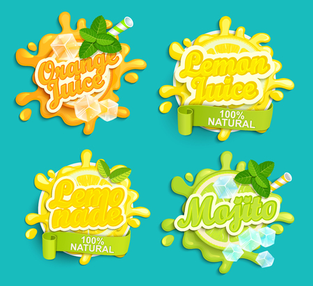 Set of Lemonade, orange, lemon juece, mojito labels splash. Lettering, splash and blot design, shape creative vector illustration.のイラスト素材