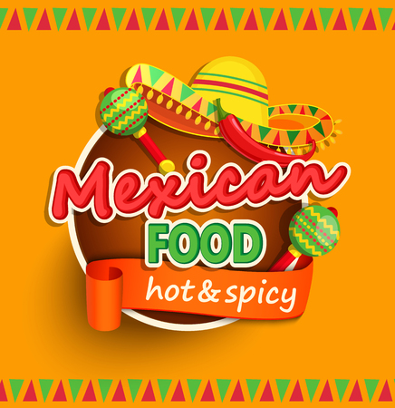 Mexican food label with traditional spicy , maracas and sombrero vector illustrationのイラスト素材