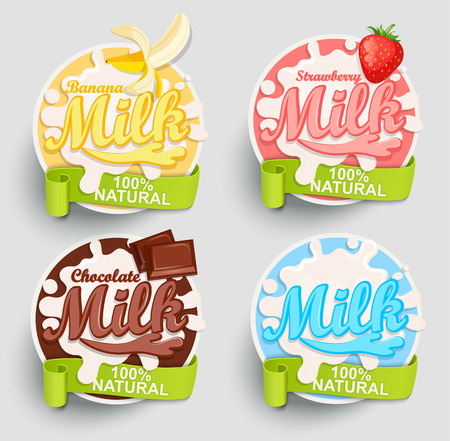 Chocolate, Banana, strawberry milk labels splash. Blot and lettering with ribbon on blue background. Splash and blot design, shape creative vector illustration.のイラスト素材