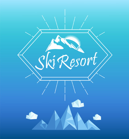 Vector mountain emblem in outline style. Geometric crystal mountain and clouds.のイラスト素材