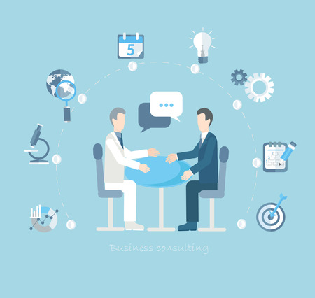 Flat design vector concepts for business, finance, strategic management, investment, natural resources, consulting, teamwork, great idea. Businessmen conduct negotiations at a table.のイラスト素材