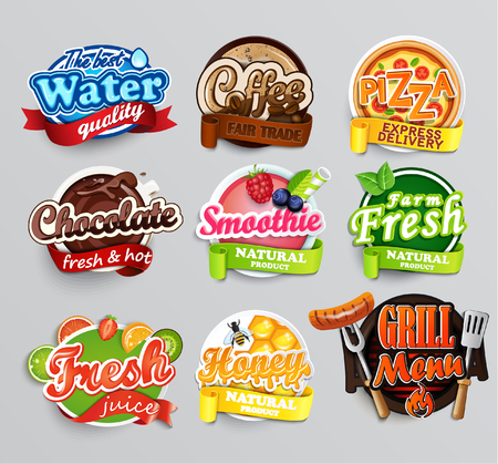 Set of stickers of food - farm fresh and pizza, fresh juice and grill, water, chocolate and coffee, smoothie and honey . Vector.のイラスト素材