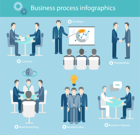 Business process infographics. Brainstorm, big idea and consulting, partnership and contract. Flat style.のイラスト素材