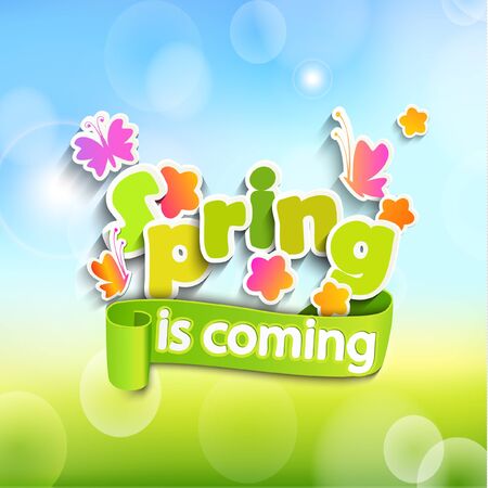 Inscription Spring is coming on the bokeh background in paper style with butterfly, ribbon,flowers.のイラスト素材