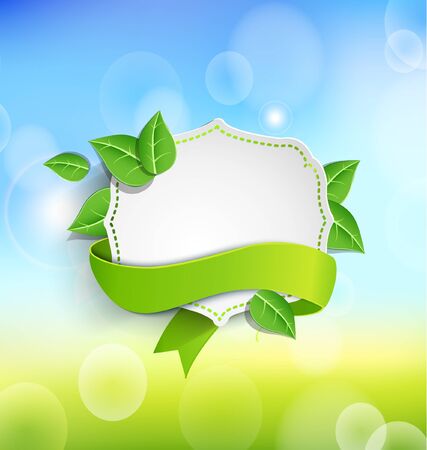 Vintage frame wit green ribbon against the background paper leaves and spring bokeh background. Vector illustration.のイラスト素材