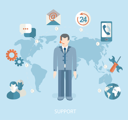 Modern vector illustration icons set in flat style of technical support with long shadow. Man with icons. Vector.のイラスト素材