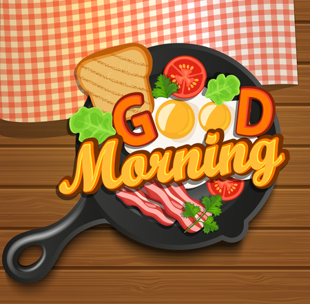 English breakfast - fried egg, tomatoes, bacon and toast. Top view. Lettering - good morning, vector illustration.のイラスト素材