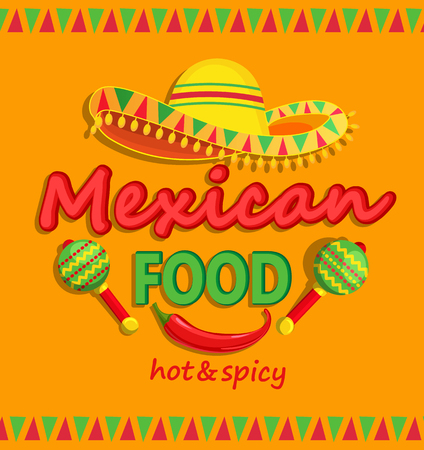 Mexican food flyer with traditional spicy , maracas and sombrero vector illustrationのイラスト素材