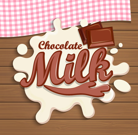 Milk chocolate splash with lettering on the wooden background, vector illustration.のイラスト素材