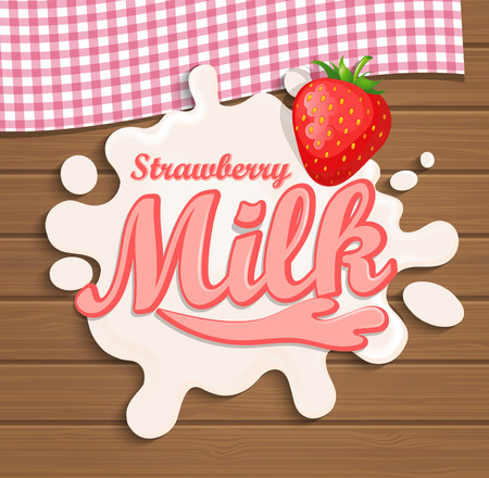 Milk strawberry splash with lettering on the wooden background, vector illustration.のイラスト素材