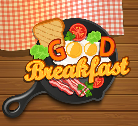 English breakfast - fried egg, tomatoes, bacon and toast. Top view. Lettering - good breakfast, vector illustrationのイラスト素材