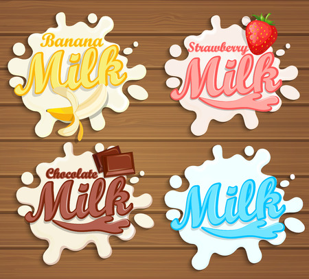 Chocolate, Banana, Strawberry milk labels splash. Blot and lettering on a wooden background. Vector illustration.のイラスト素材