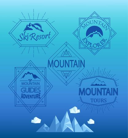 Vector mountain logos and emblems in outline style. Set of Retro Vintage Insignias and Logotypes. Labels, Badges, Frames and Other Design Elements.のイラスト素材
