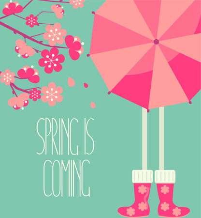 Vector illustration of a spring season in flat style - cherry blossoms and people with a bright umbrella and boots with the inscription made by hand the Spring is coming.のイラスト素材