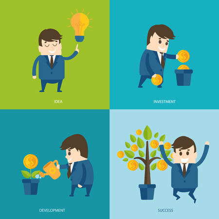 Businessman with light bulb idea, plants coins, grows money tree. Vector crowdfunding concept in flat style - new business model, start up, vector illustration.のイラスト素材