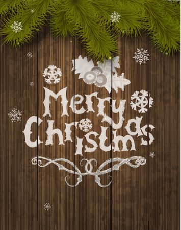 Vector Christmas greeting card - holidays lettering on a wooden texture background, vector.のイラスト素材