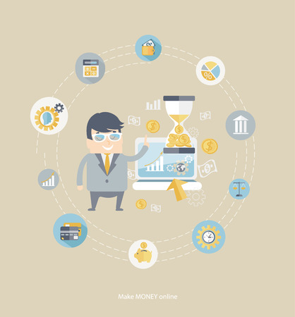Flat design vector concepts for business, finance, make money with business man, financial icons and dollar symbolsのイラスト素材