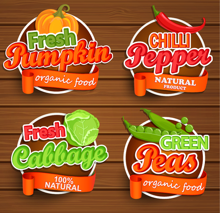 Farm fresh, organic food label - chilli pepper, pumpkin, cabbage, green peas badges or seals on the wooden background, vector illustration.のイラスト素材