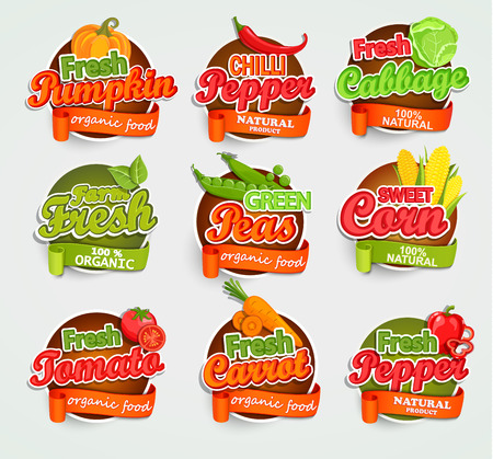 Fresh tomato, pumpkin and pepper, peas, cabbage, carrot, sweet corn, logo lettering typography food label or sticker. Concept for farmers market, organic food, natural product design.Vector.のイラスト素材