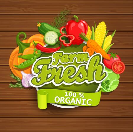 Farm fresh vegetables label. Wooden background. Organic farm illustration. Healthy lifestyle vector illustration design elements.のイラスト素材