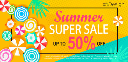 Summer super sale banner with sun umbrellas on background. Vector illustration template and banners, wallpaper, flyers, invitation, posters, brochure, voucher discount.のイラスト素材