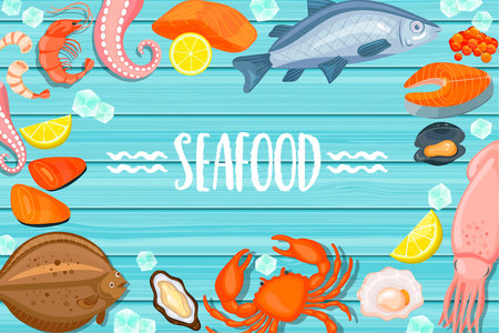 Seafood lettering on blue wooden backgroundのイラスト素材