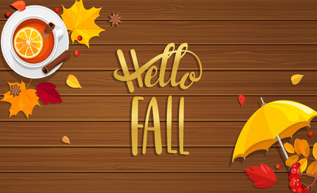 Hello Fall lettering on wooden background.のイラスト素材