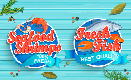 Seafood logos design illustration on blue wooden backgroundのイラスト素材