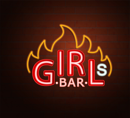 Neon sign of hot girls bar, bright signboard, light banner. Girls bar logo, emblem and symbol. Vector illustration.のイラスト素材