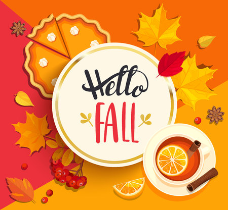 Hello Fall lettering in gold circle frame on geometric background with pupmkin pie, hot tea and autumn leaves. Vector illustration.のイラスト素材