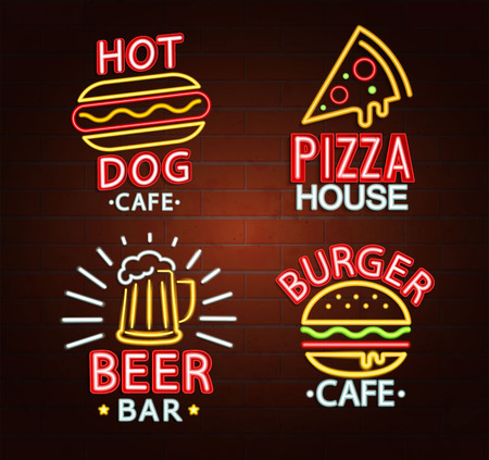 Set of Neon signs of beer bar, hot dog cafe, pizza house, burger cafe bright signboard, light banner. Neons Logos, emblems and symbols. Vector illustration.のイラスト素材
