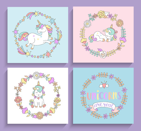 Set of magical unicorns cards with circle frames and lettering. Vector illustration for print, greeting cards and other your design.のイラスト素材
