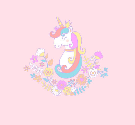 Sweet unicorn princess with flowers. Vector illustration for you design.のイラスト素材
