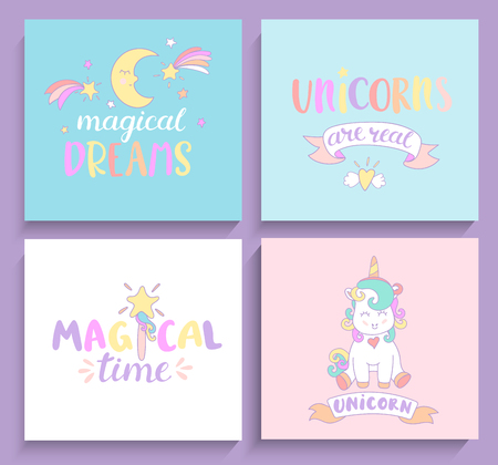 Set of magical unicorns cards with lettering. Vector illustration for print and greeting cards.のイラスト素材