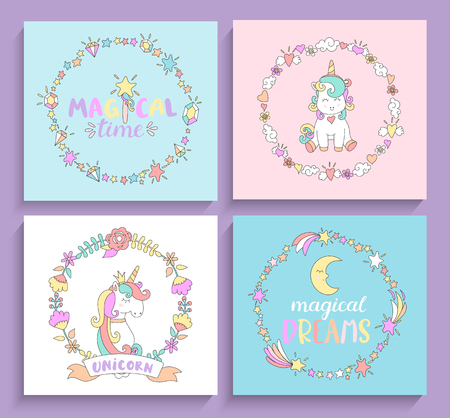 Set of magical unicorns cards with circle frames and lettering. Vector illustration for print and greeting cards, print.のイラスト素材