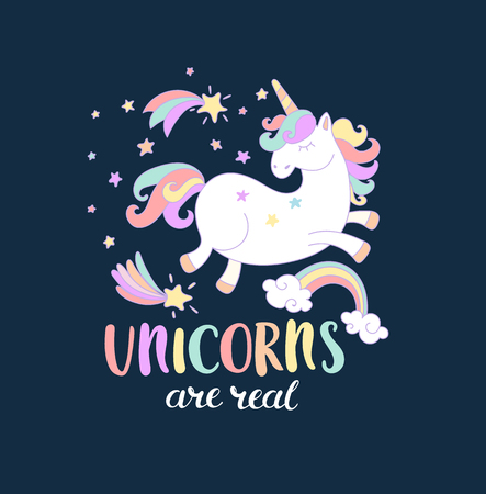 Lettering Unicorn are real with stars, rainbow and shooting stars. Vector illustration for you design, print.のイラスト素材