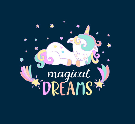 Magical dreams from unicorns with lettering. Vector illustration for you design, print.のイラスト素材