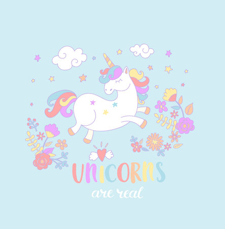 Lettering Unicorn are real with fowers in the sky. Vector illustration for print, greeting cars and so on.のイラスト素材