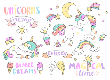 Set of unicorns and different fairy tales elements with some lettering. Vector illustration.のイラスト素材