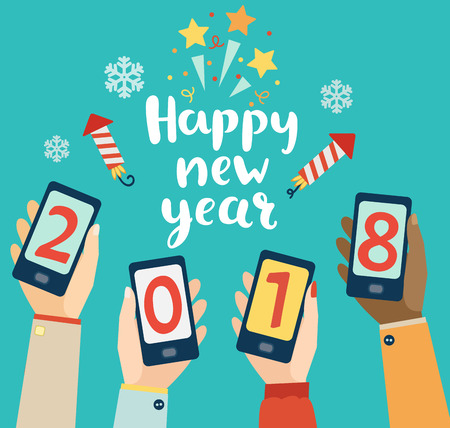 Happy new year lettering with mobiles showing 2018 in different hands. Concept for mobile apps. Vector illustration.のイラスト素材