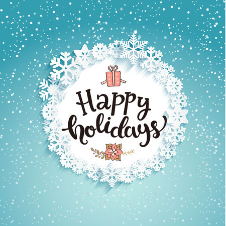 Happy holidays greeting card with lettering. Snowfall background. Vector illustration.のイラスト素材